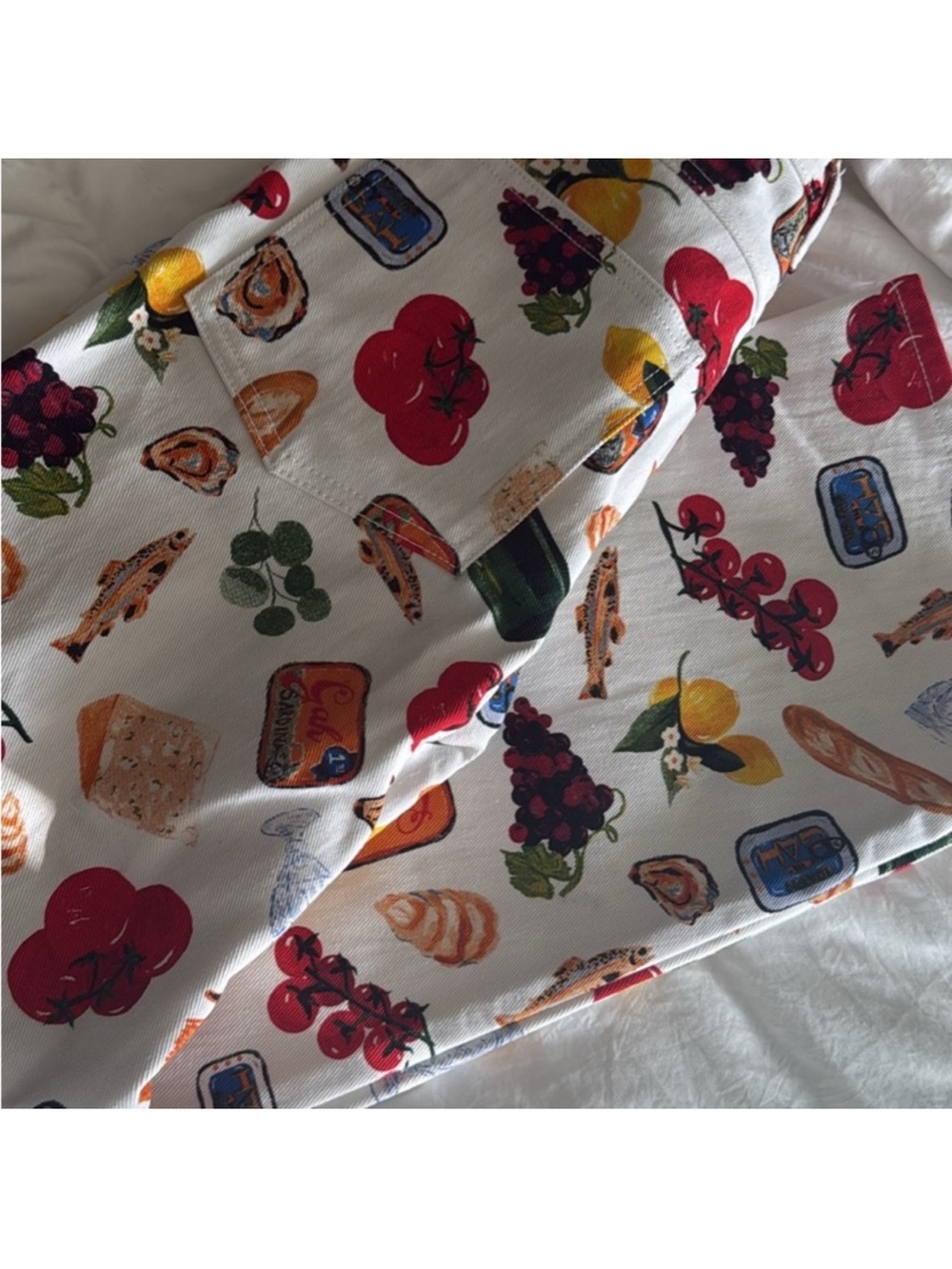 Lisa Says Gah White Button-Up Shirt with Multicolor Food Print